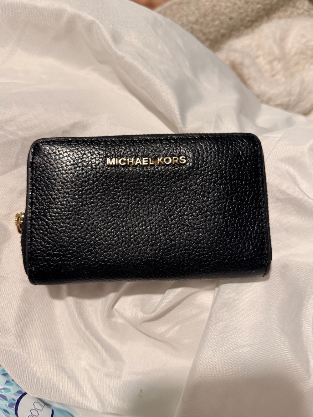 Michael Kors Black Pebbled Leather Zip Card Holder with Gold Logo